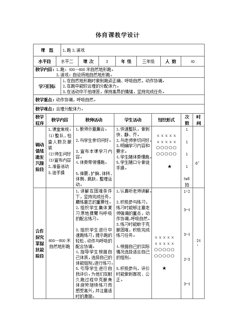 三年级下册体育表格式教案-2 跑：400—600米自然地形跑-通用版01