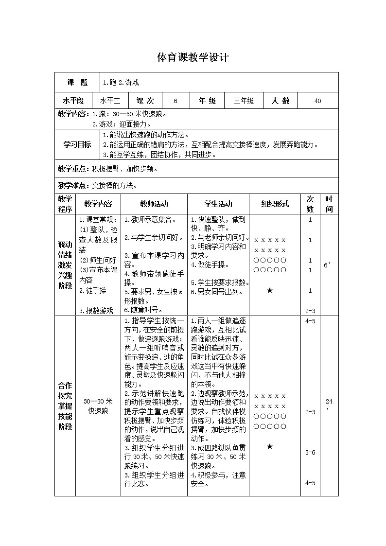 三年级下册体育表格式教案-5 跑：30—50米快速跑-通用版第1页