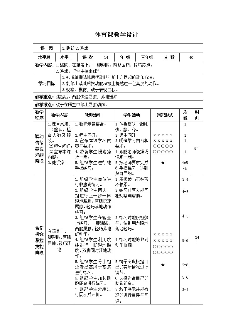 三年级下册体育表格式教案-12 跳跃：在箱盖上，一脚蹬跳，两腿屈膝，轻巧落地-通用版01