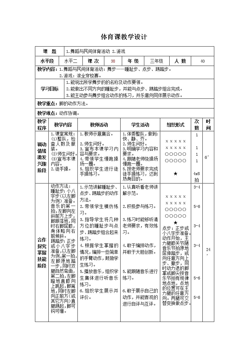三年级下册体育表格式教案-30 舞蹈与民间体育活动：舞步——踵趾步、点步、踢踏步-通用版第1页