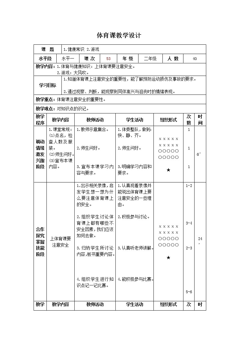 三年级下册体育表格式教案-39 体育与健康知识：上体育课要注意安全-通用版第1页