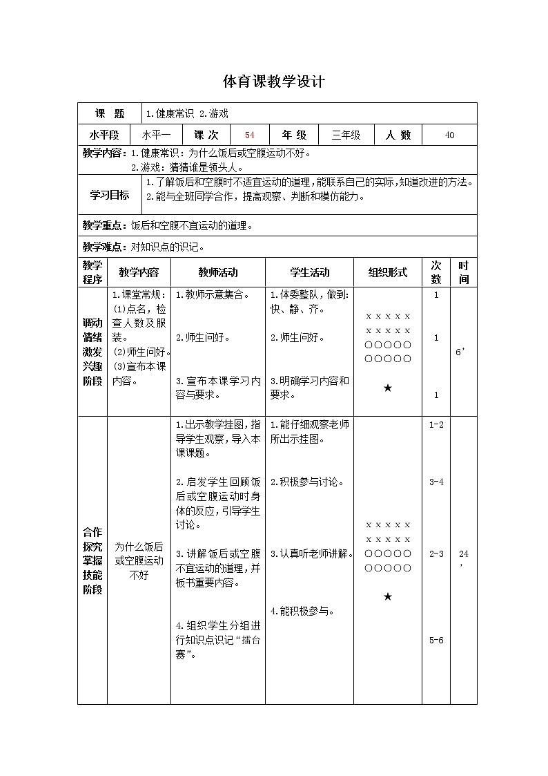 三年级下册体育表格式教案-40 健康常识：为什么饭后或空腹运动不好-通用版第1页