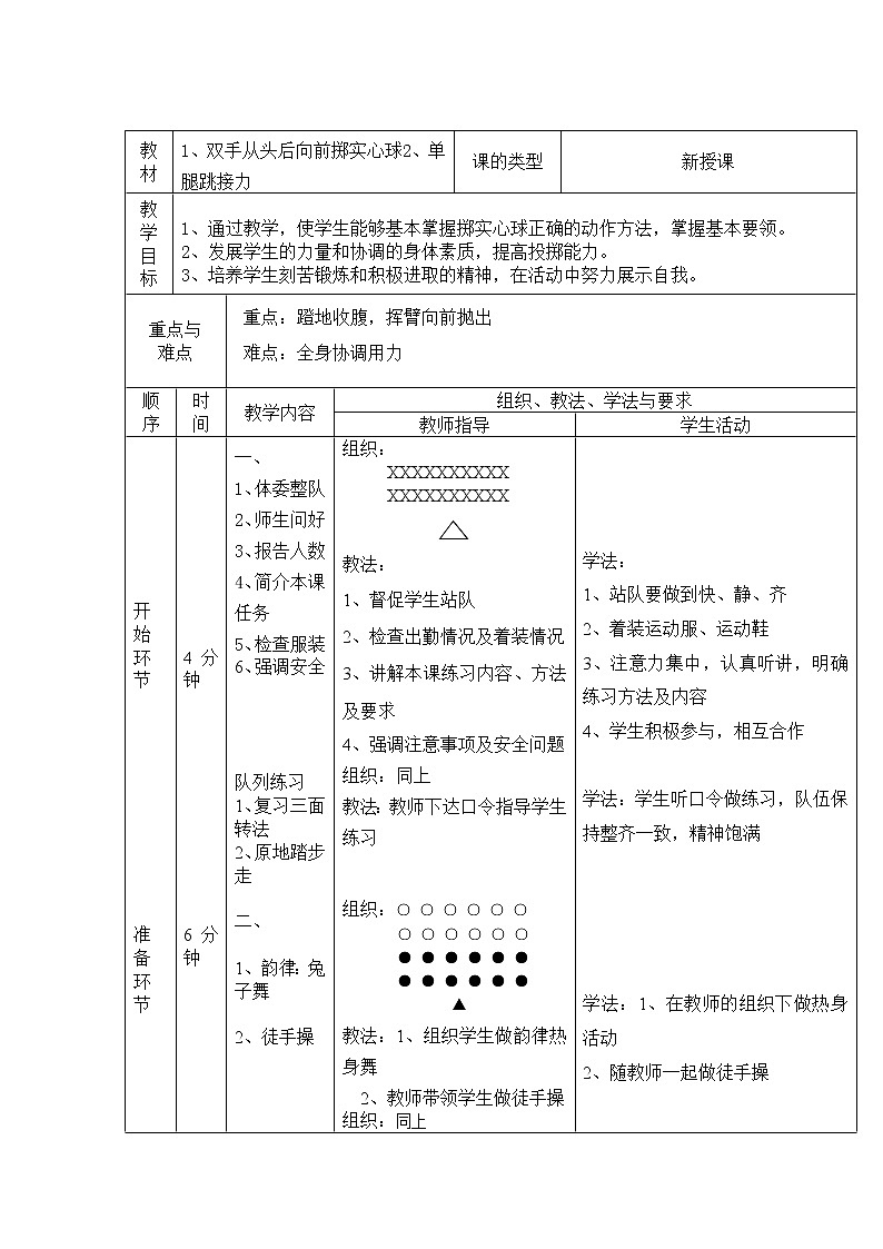 五年级上册体育教案  双手从头后向前掷实心球  人教版01