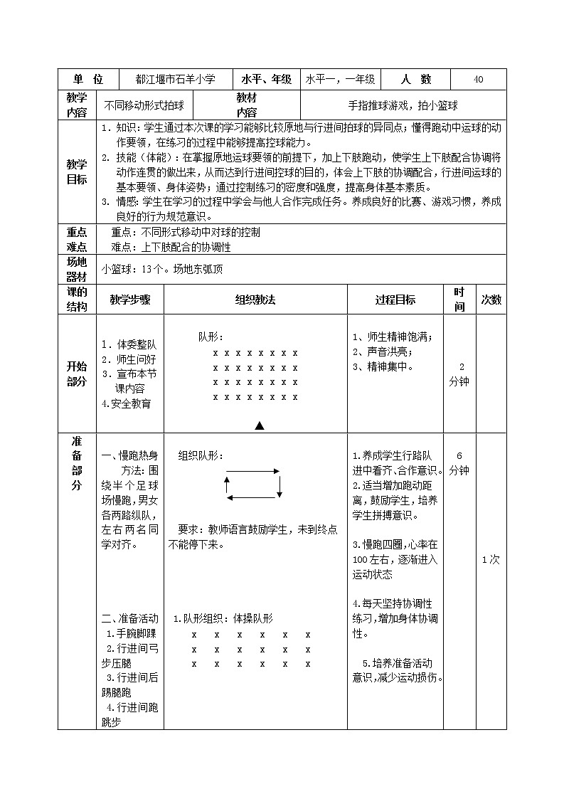 一年级上册体育教案   -小篮球拍球(水平一)    人教版02