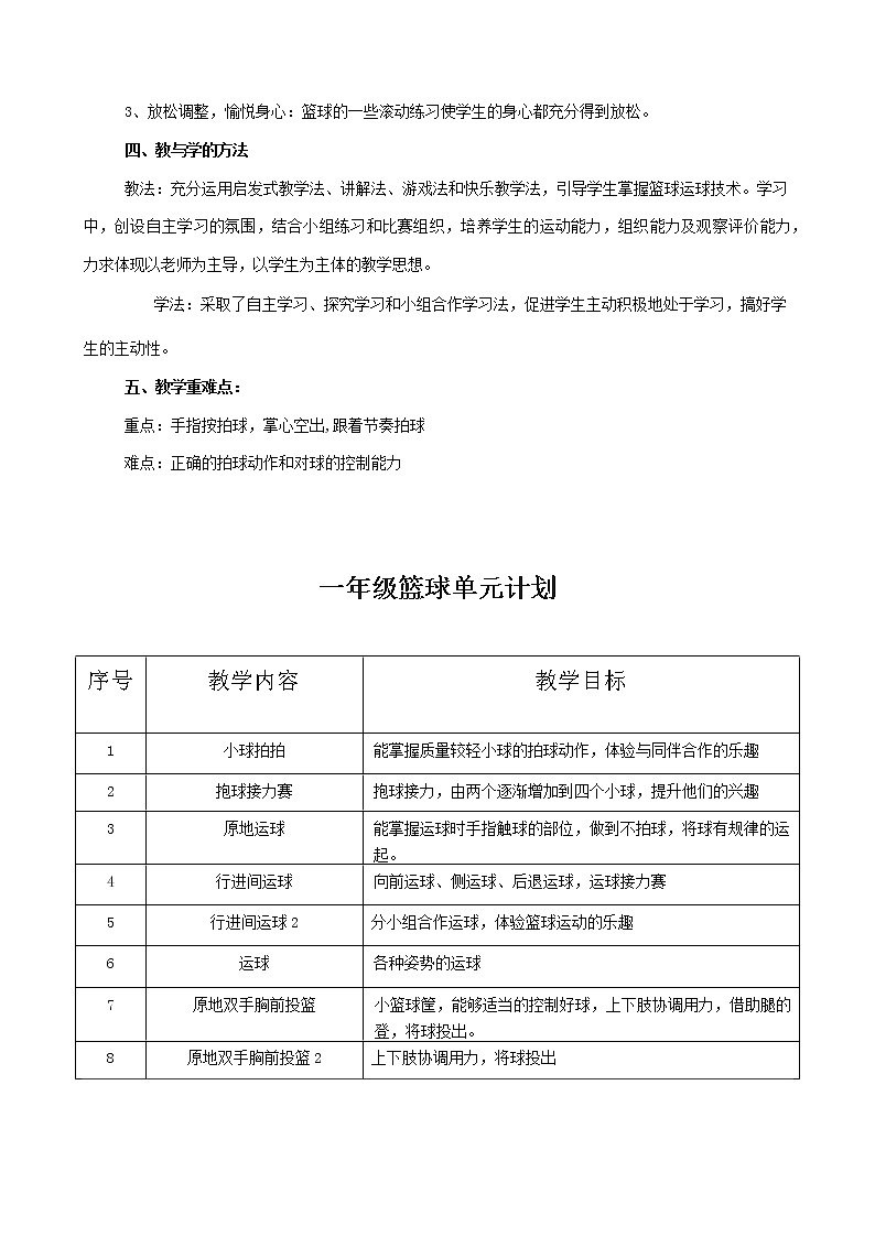 一年级上册体育教案  篮球 拍球  人教版02