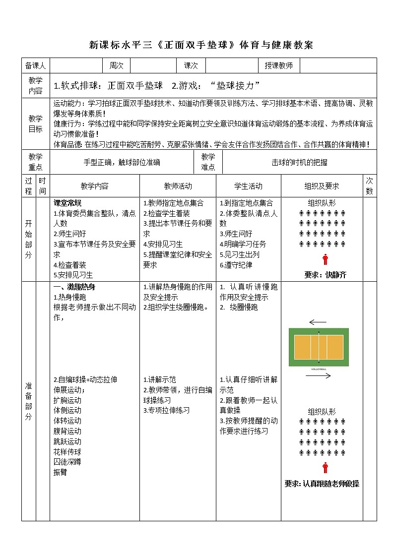 人教版体育与健康水平三五至六年级排球《软式排球正面双手垫球》教案01
