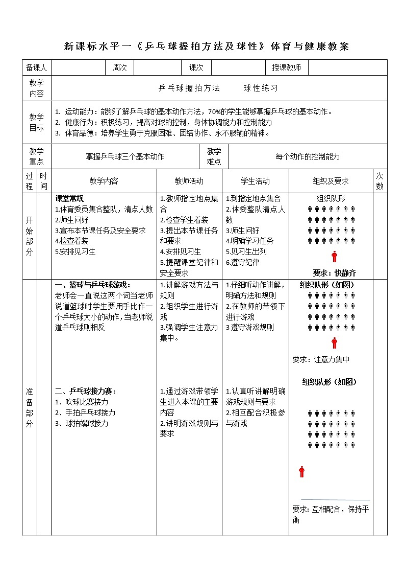 人教版体育与健康一至二年级乒乓球《握拍与端球》教案第1页