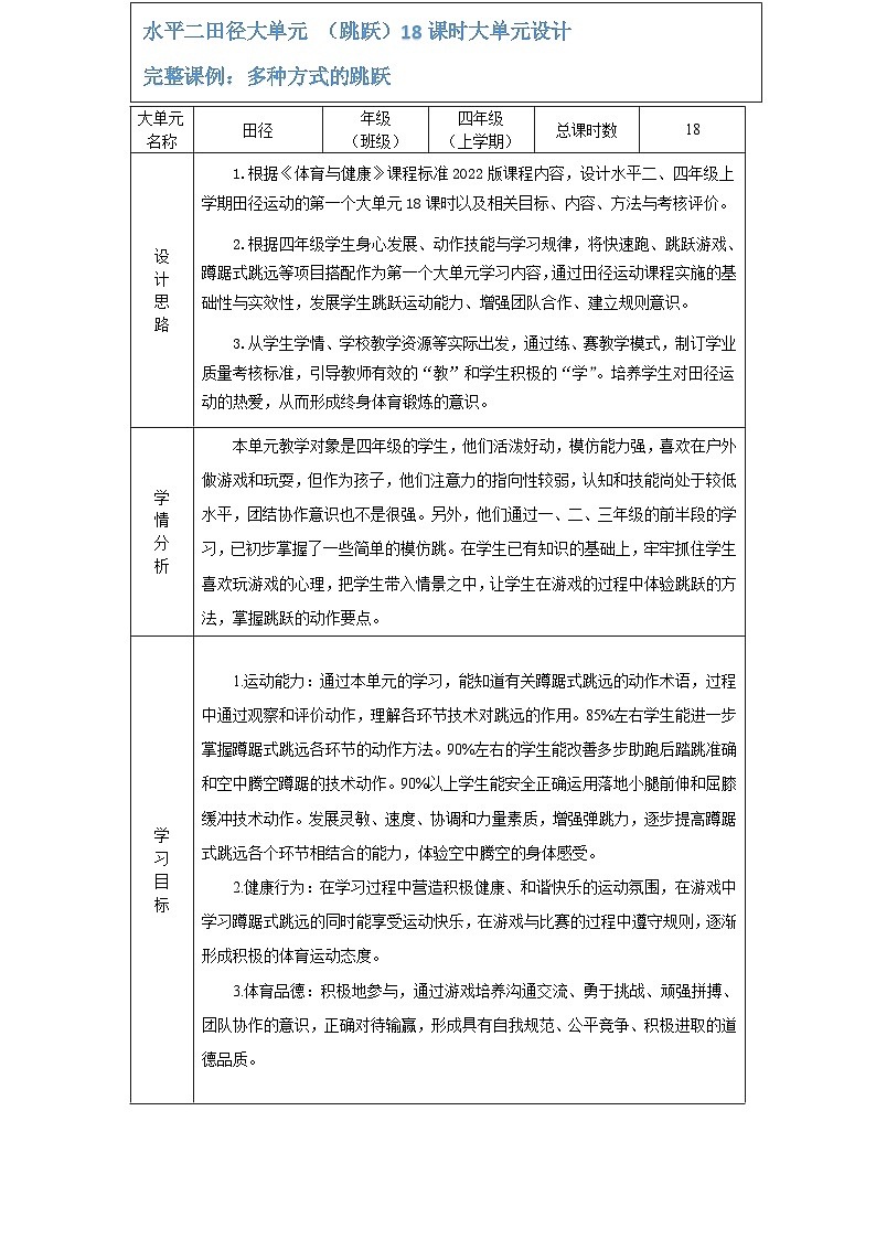 体育与健康人教版水平二 四年级跳跃18课时大单元设计    各种方式的单双脚原地跳跃和行进间向前跳跃 教案01