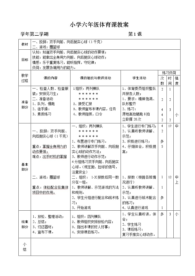 六年级下期体育教案(全册54课时)第1页