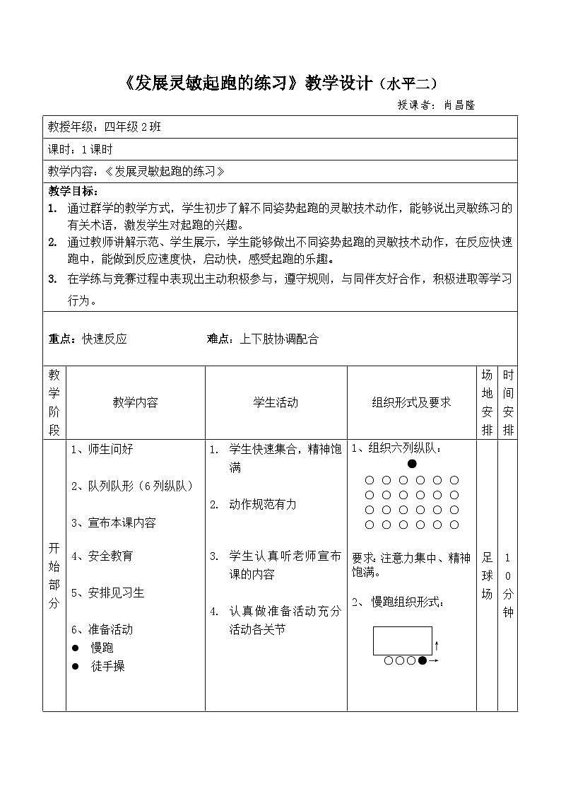 人教版 体育与健康 3-4年级全一册   4.1发展灵敏起跑的练习 教案01