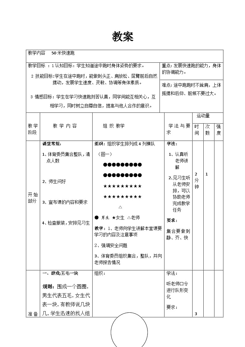 人教版 体育与健康 5-6年级全一册 《50米快速跑》（教案） （水平三）  （表格式）第2页