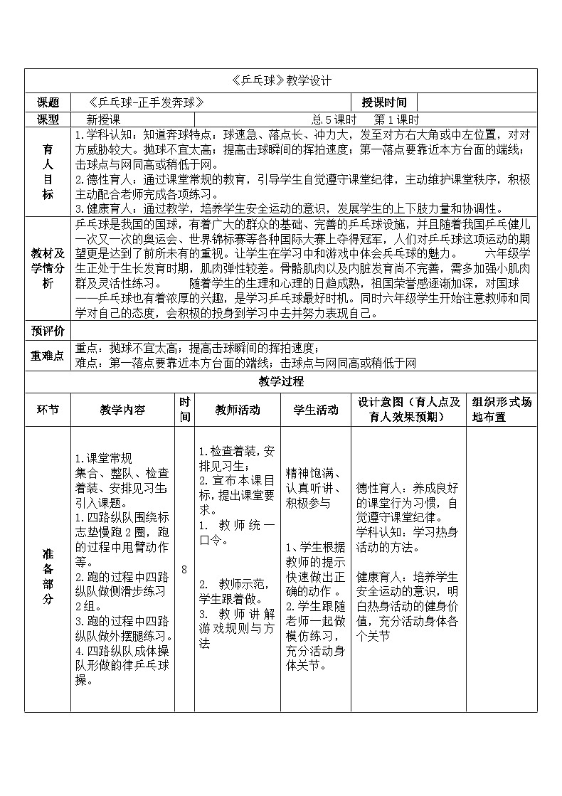 人教版 体育与健康 5-6年级全一册 第六章 球类运动第四节 乒乓球5课时教案（表格式）01