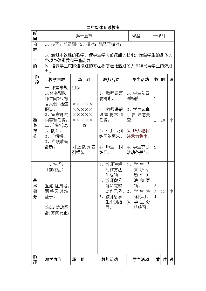 二年级体育课前滚翻   教案01