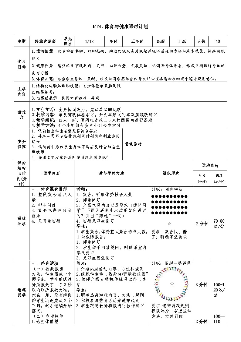 【大单元整体教学】小学体育 五年级 跨越式跳高 1跨越式跳高 教案第1页