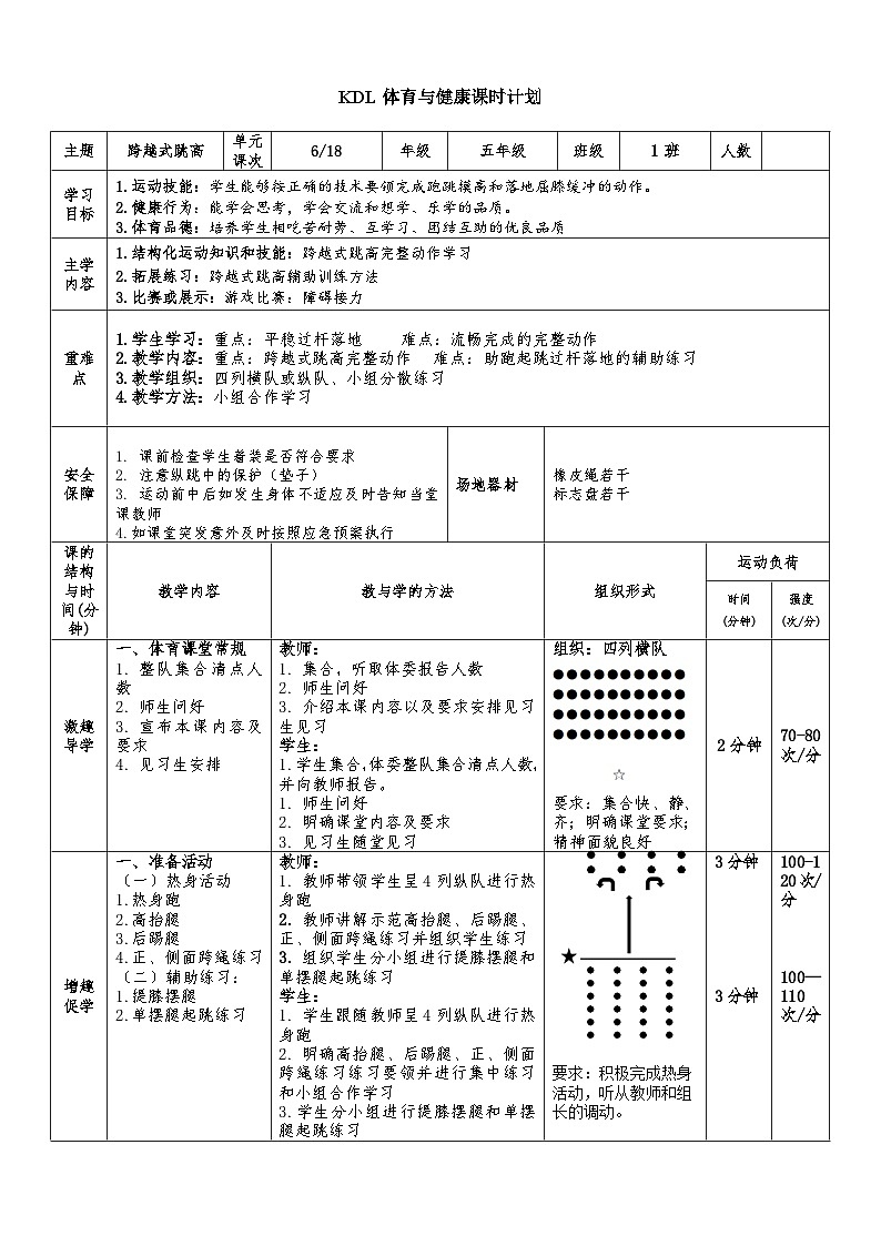 【大单元整体教学】小学体育 五年级 跨越式跳高 6跨越式跳高 教案第1页