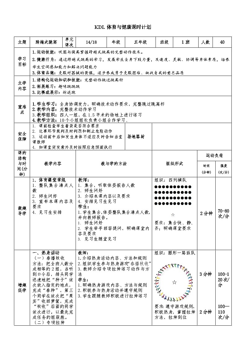 【大单元整体教学】小学体育 五年级 跨越式跳高 14跨越式跳高 教案第1页