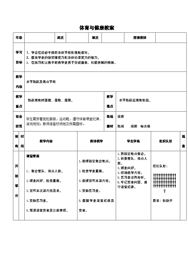 《水平跳跃及平衡落点》教案 人教版一年级下册体育与健康第1页
