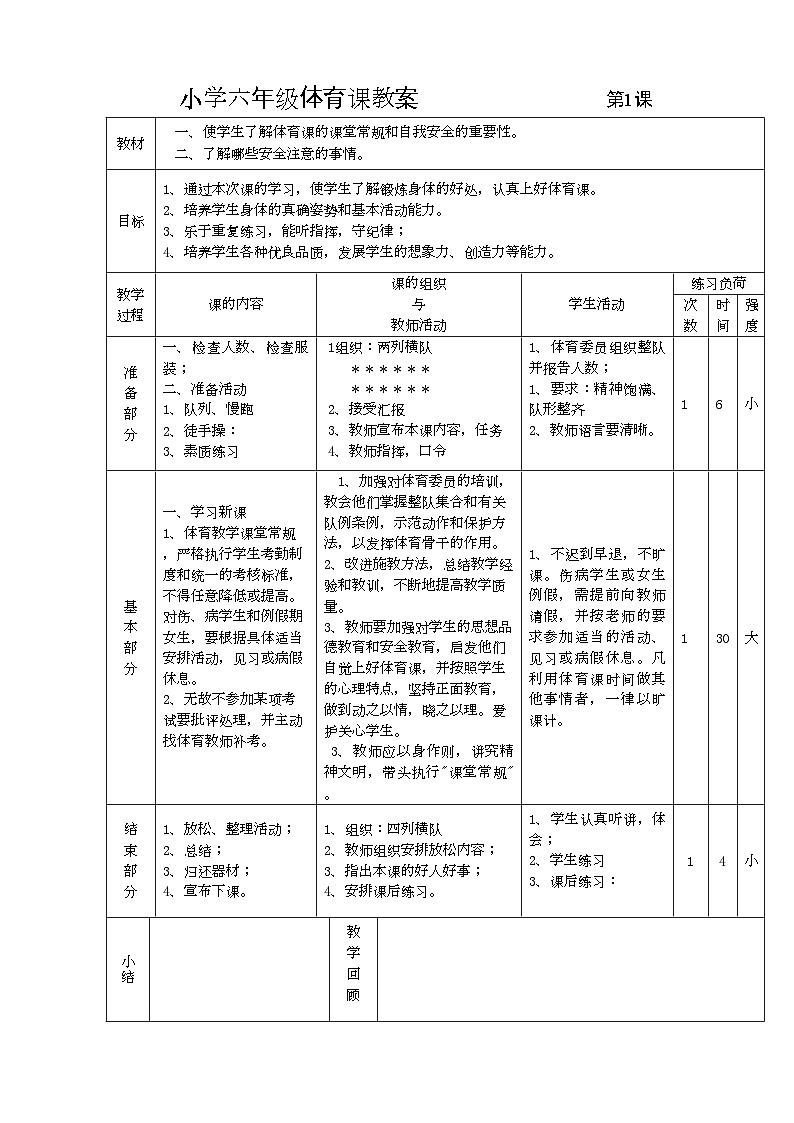 小学六年级体育课教案 (1)01