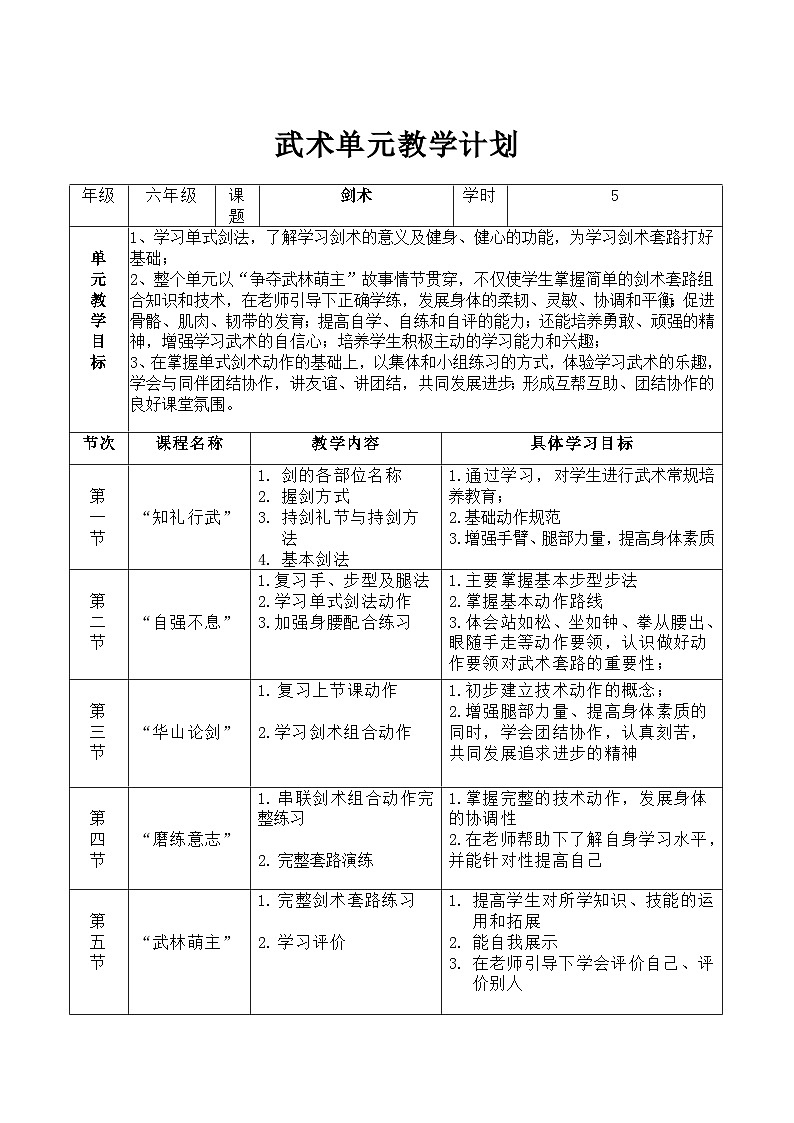 人教版六年级上册《剑术》教学设计+教案+试题第1页