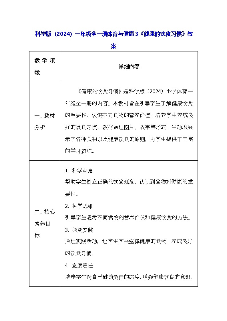 科学版（2024）一年级全一册体育与健康3《健康的饮食习惯》教案（表格式）第1页