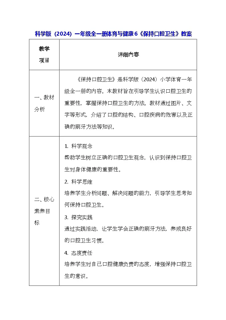 科学版（2024）一年级全一册体育与健康6《保持口腔卫生》教案（表格式）第1页