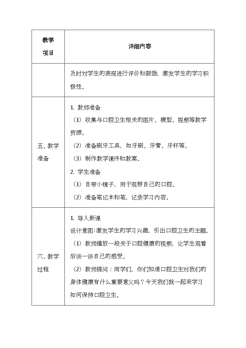 科学版（2024）一年级全一册体育与健康6《保持口腔卫生》教案（表格式）第3页