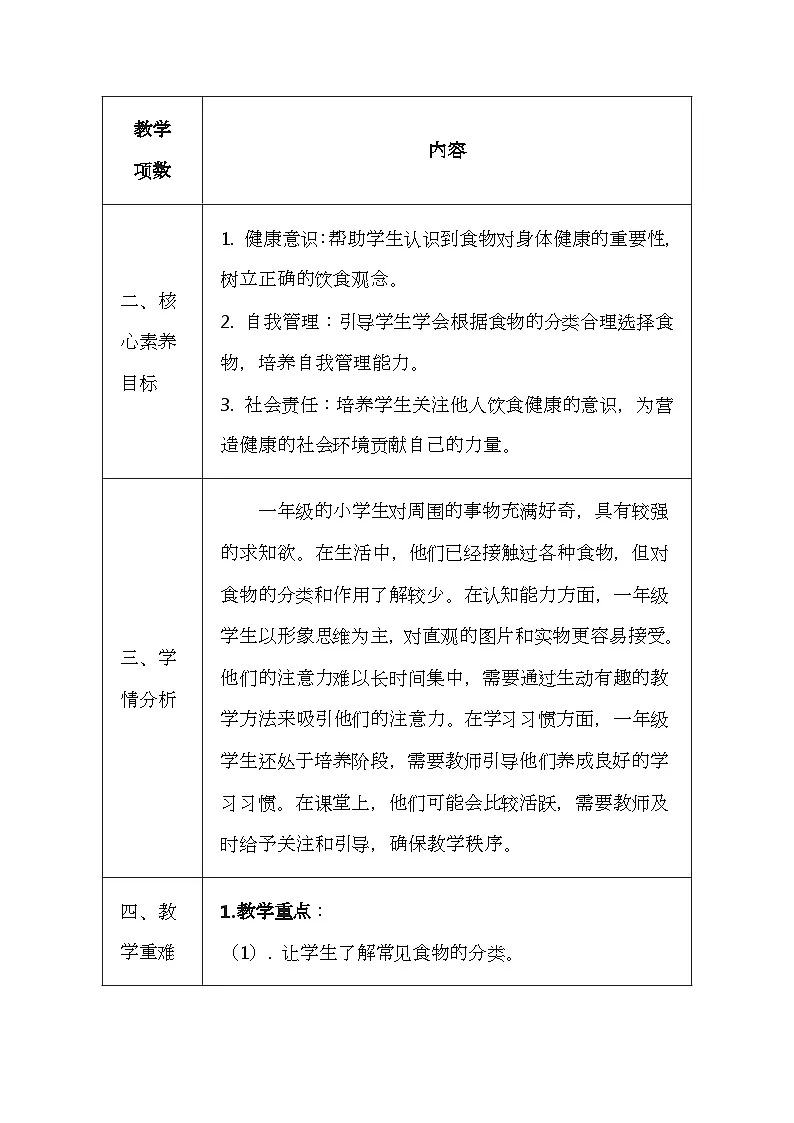 未来版（2024）一年级全一册体育与健康第二课《了解常见食物分类》教案（表格式）第2页