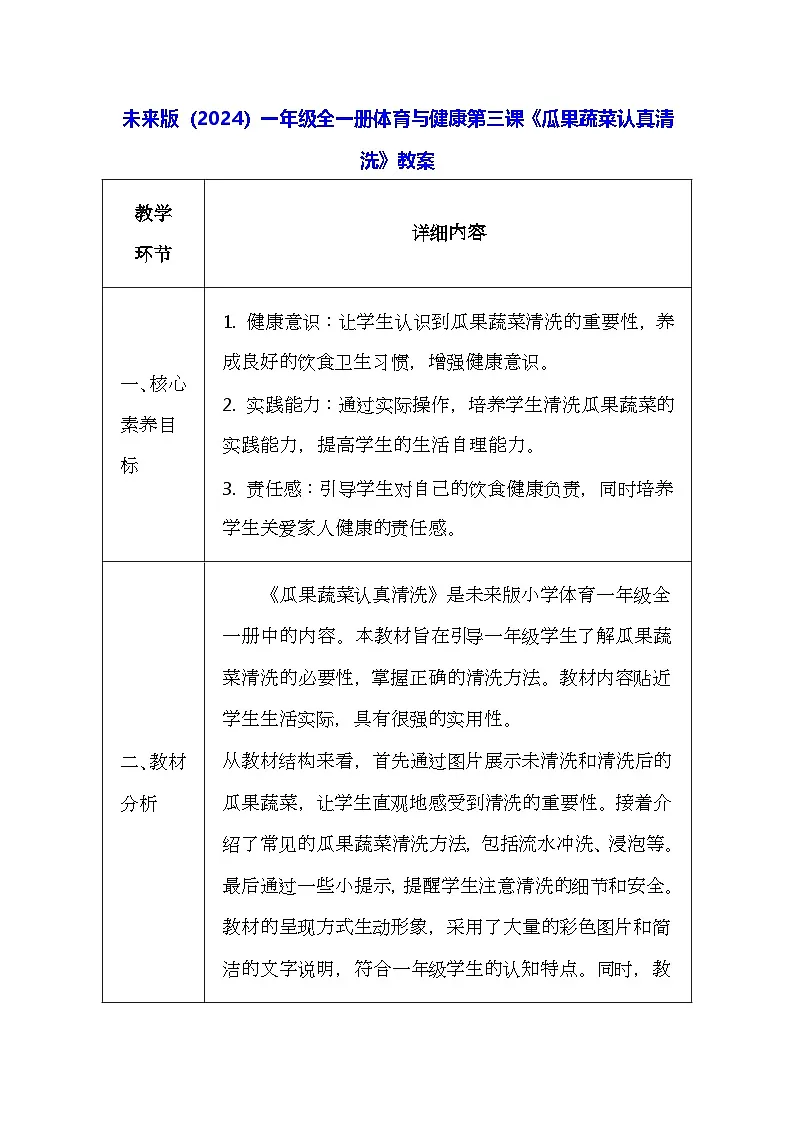 未来版（2024）一年级全一册体育与健康第三课《瓜果蔬菜认真清洗》教案（表格式）第1页