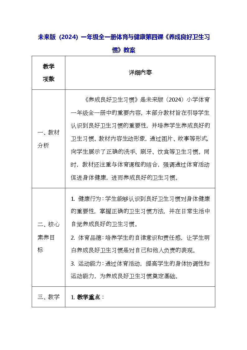 未来版（2024）一年级全一册体育与健康第四课《养成良好卫生习惯》教案（表格式）第1页