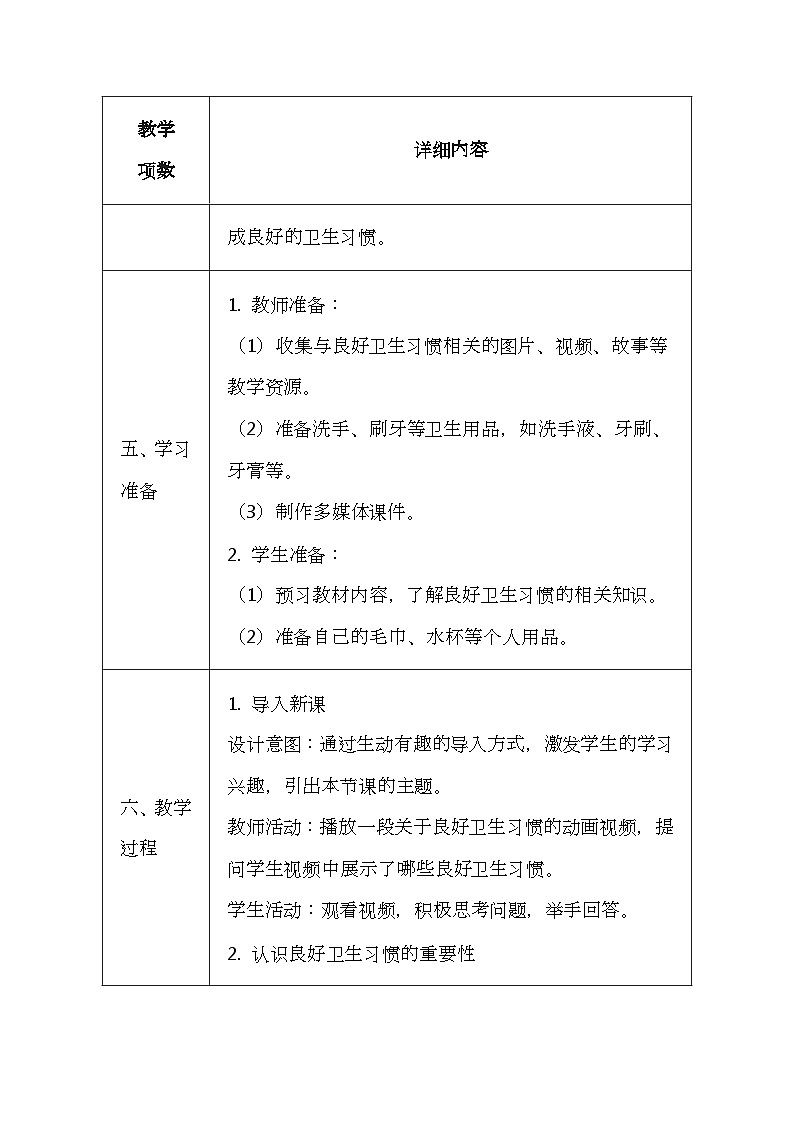 未来版（2024）一年级全一册体育与健康第四课《养成良好卫生习惯》教案（表格式）第3页