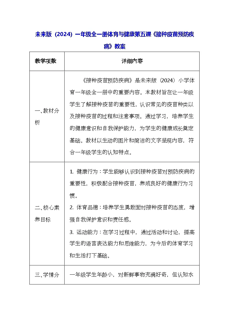 未来版（2024）一年级全一册体育与健康第五课《接种疫苗预防疾病》教案（表格式）第1页
