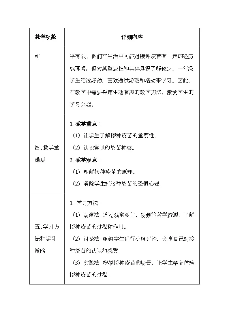 未来版（2024）一年级全一册体育与健康第五课《接种疫苗预防疾病》教案（表格式）第2页