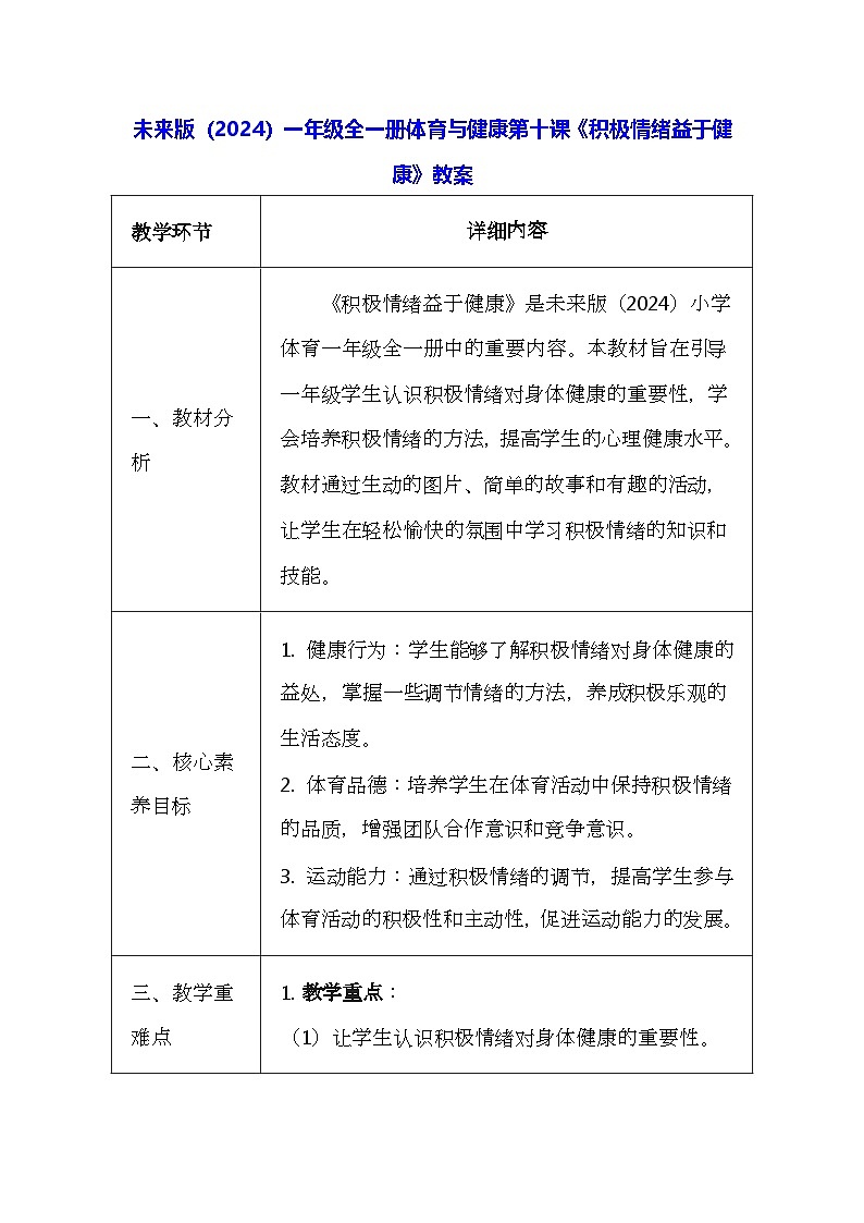 未来版（2024）一年级全一册体育与健康第十课《积极情绪益于健康》教案（表格式）第1页