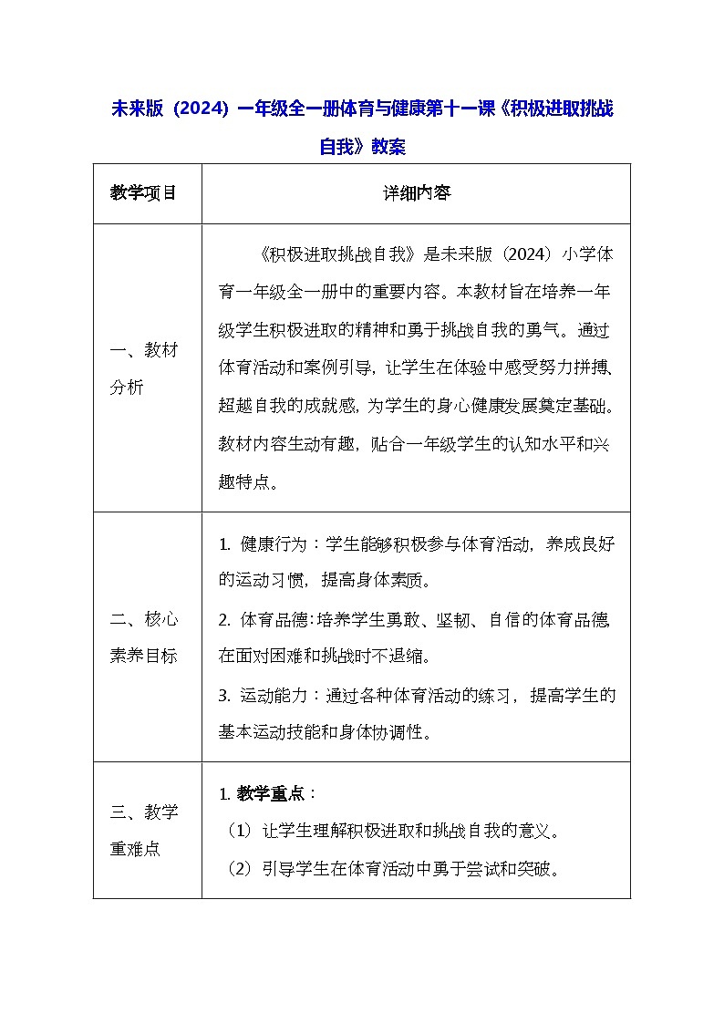 未来版（2024）一年级全一册体育与健康第一十一课《积极进取挑战自我》教案（表格式）第1页