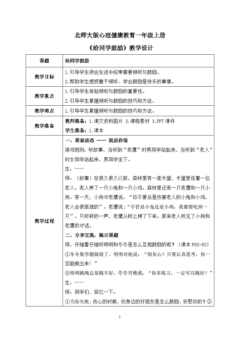 北师大版心理健康一年级上册 第15课《给同学鼓励》课件+教案01