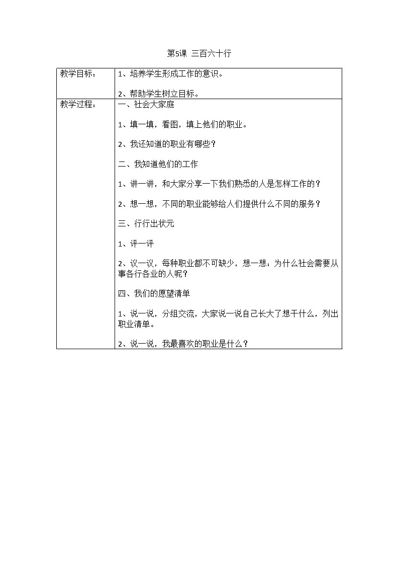 华中师大版四年级心理健康 第5课 三百六十行 教案第1页