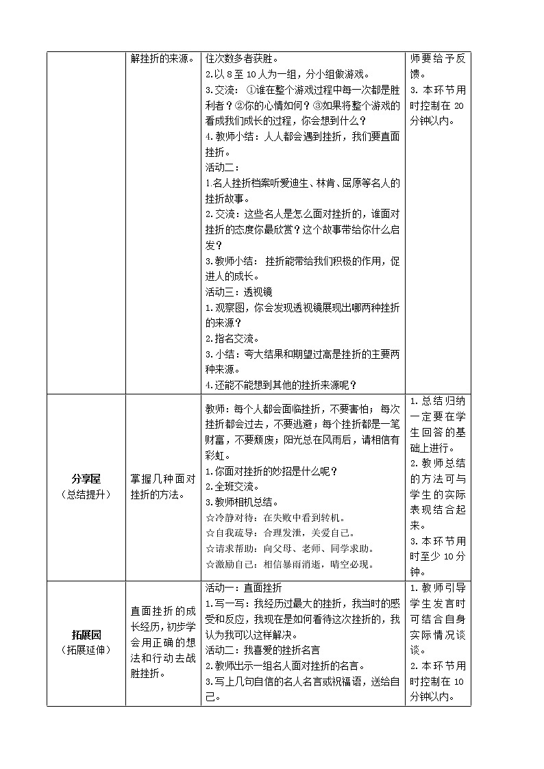 鄂科版四年级心理健康 第九课 在挫折中成长 教案02
