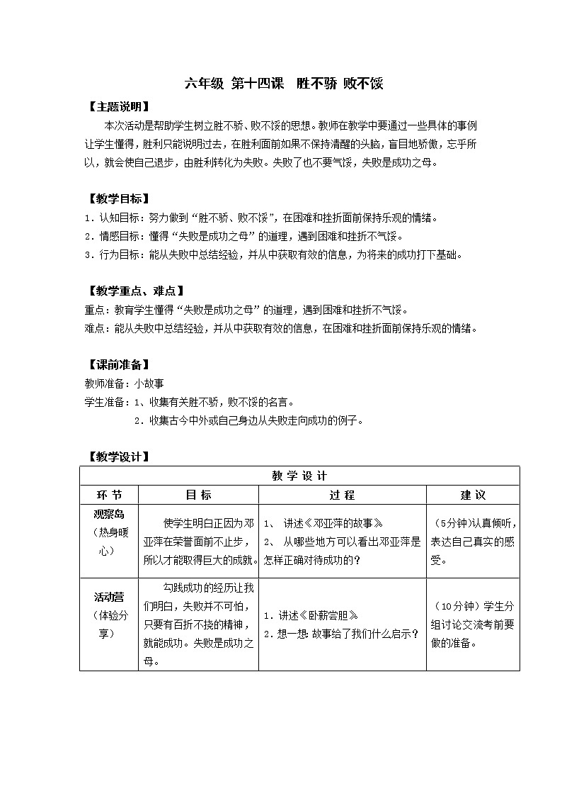 鄂科版六年级心理健康 第十四课 胜不骄 败不馁 教案01