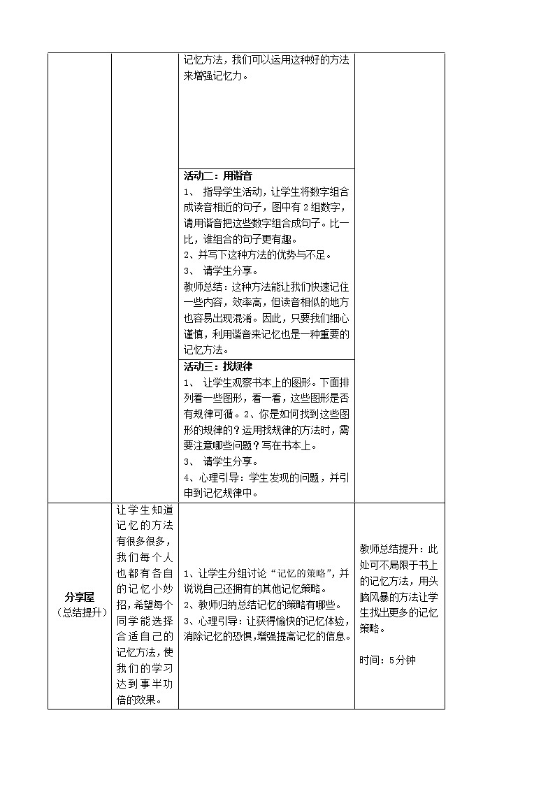 鄂科版六年级心理健康 第六课 增强记忆有策略 教案02