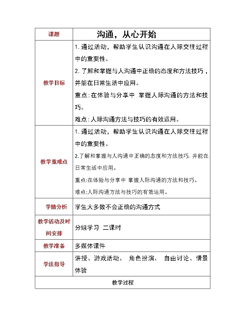 四下2、沟通，从心开始 教案01