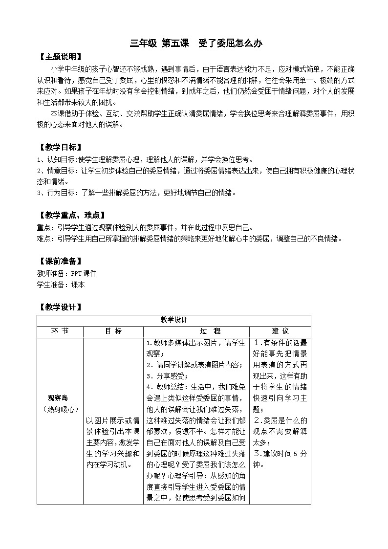 【核心素养】鄂科版 小学心理健康教育 三年级全册 5受了委屈怎么办 教案01