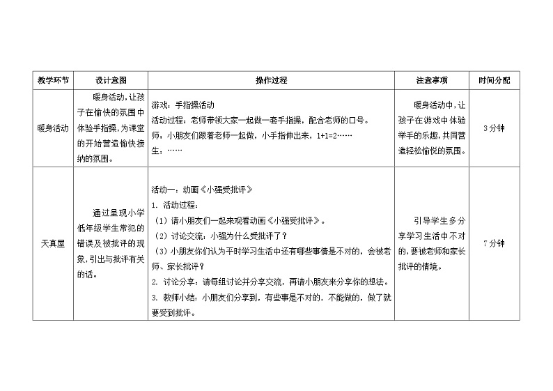 南大&北师大版一年级心理健康第十二课  我可以接受批评 教案教学设计02