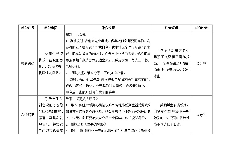 南大版心理健康五年级 11.《 做乐观开朗的人》教学设计第2页