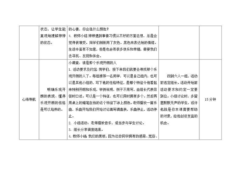 南大版心理健康五年级 11.《 做乐观开朗的人》教学设计第3页
