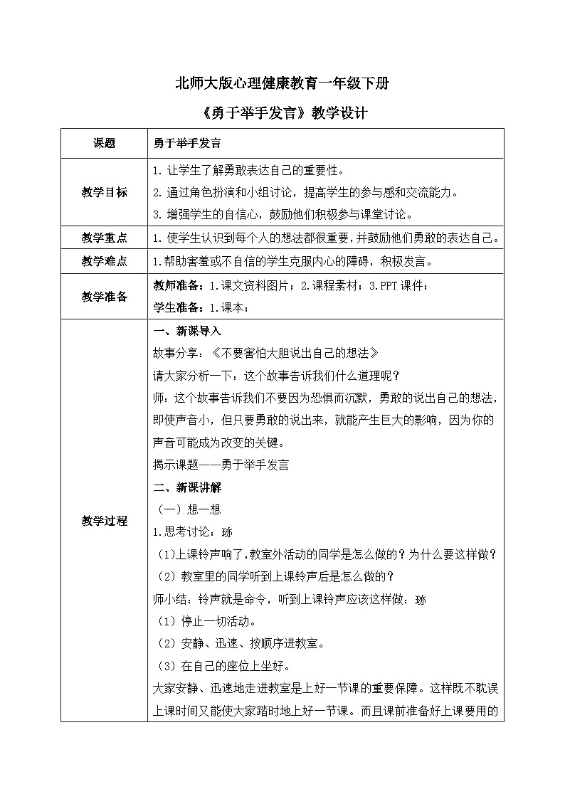北师大版心理健康一年级下册 第22课《勇于举手发言》教案第1页