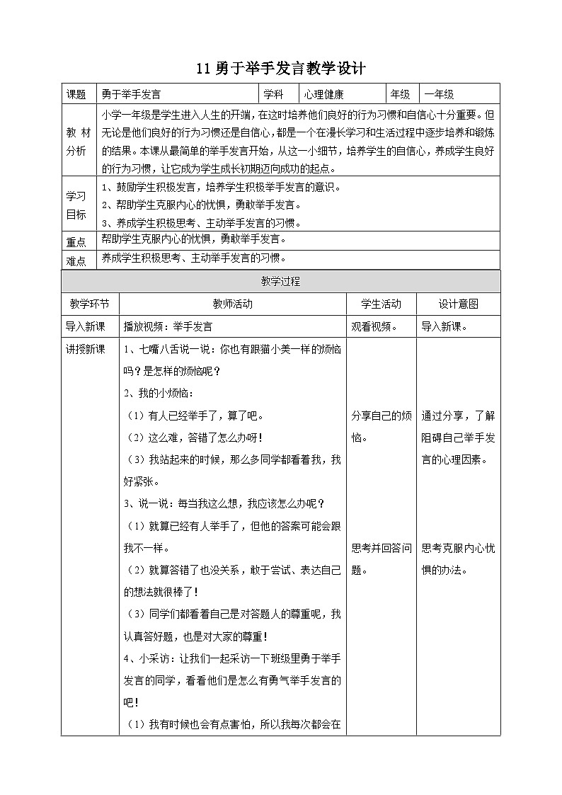 北师大版心理健康一年级下册 11.《勇于举手发言》 课件+教案+素材01