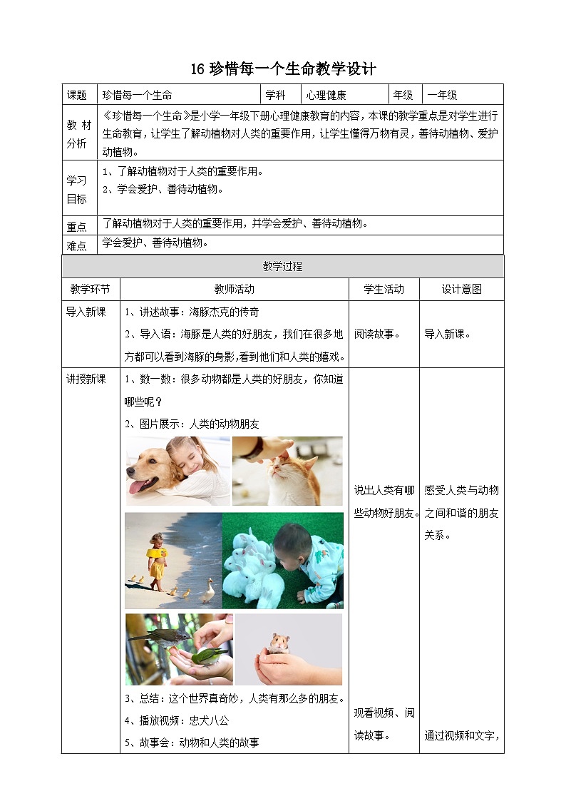 北师大版心理健康一年级下册16.《珍惜每一个生命》 课件+教案+素材01