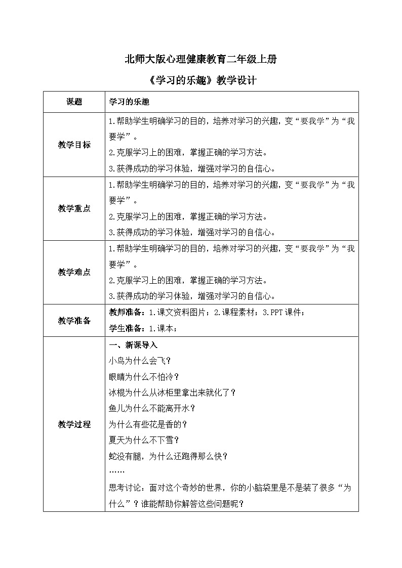 北师大版心理健康二年级上册 第14课《学习的乐趣》教案第1页