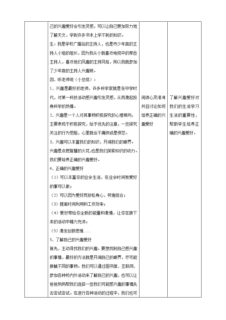 【北师大版】《心理健康》六年级上册  1 我的兴趣爱好 教学设计第2页