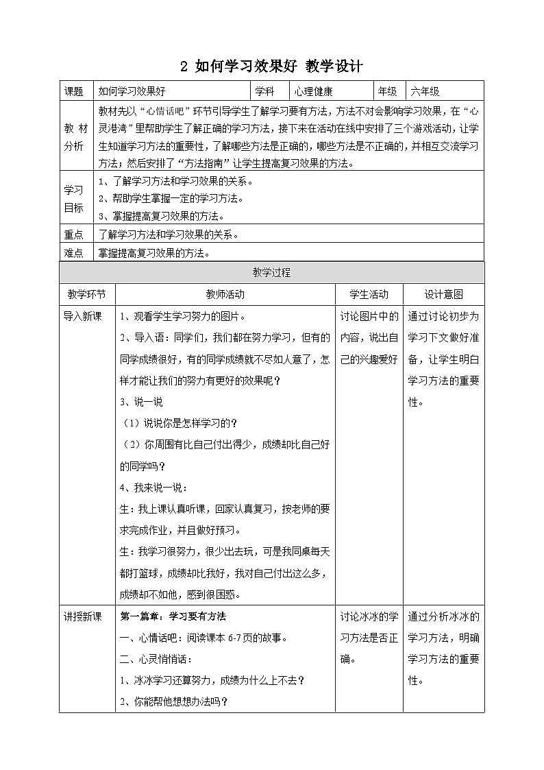 【北师大版】《心理健康》六年级上册 2 如何学习效果好 教学设计第1页